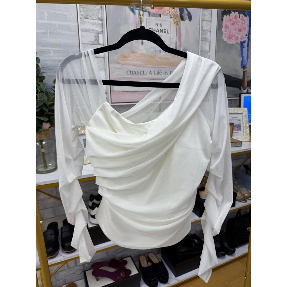 Marcella Monroe White One Shoulder Ruched Mesh Top Size M NWT - Picture 9 of 16